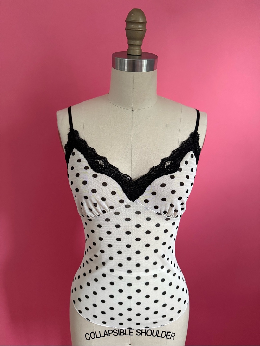 Vintage 90s/Y2K BEBE Darling Polka Dot Empire Waist Lace Adorned Mesh Tank Cami